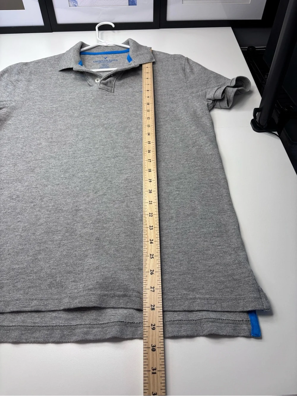 American Eagle Outfitters Classic Fit Heathered Grey Polo with Blue Logo Trim M